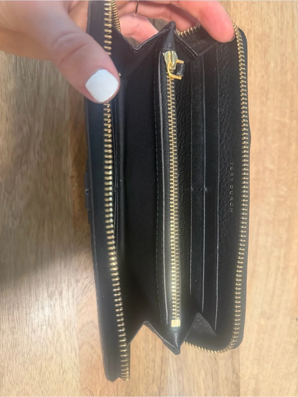Tory Burch Black Pebbled Leather Zip-Around Wallet with Logo